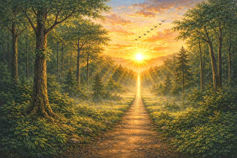 Dense Green Forest Wall Art Canvas Painting with Endless Path and Sunrise for Growth,Vitality and new opportunities