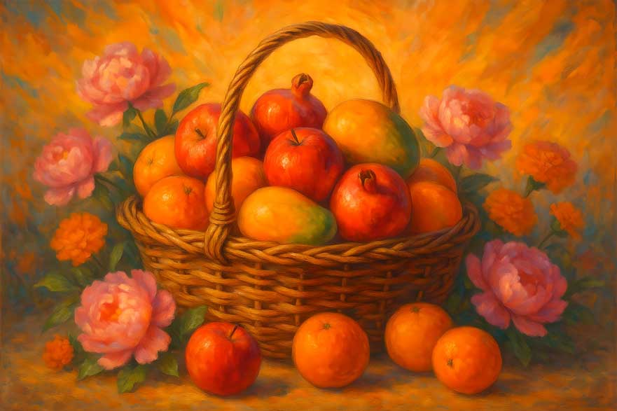 Canvas Wall Painting of Overflowing Fruits & Flowers Basket