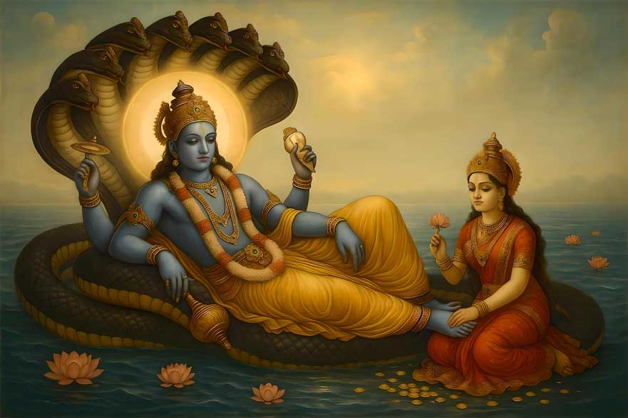 Lord Vishnu with Goddess Lakshmi on Sheshnag in Sea