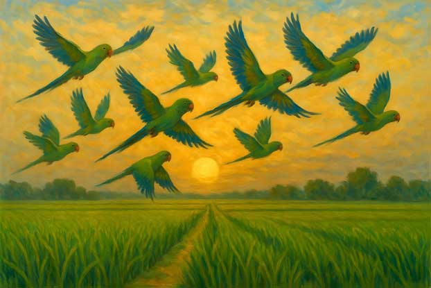 Flying Parrots Wall Art Canvas Painting with Sunrise for Communication and Growth