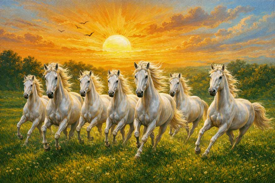 Seven White Horses Wall Art Canvas Painting with Greenery and Sunrise for Growth and Vitality