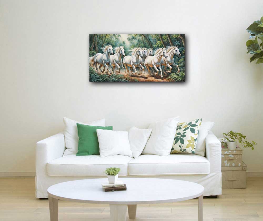 Seven White Horses Running in Lush Green Background – Symbol of Growth, Vitality & New Beginnings