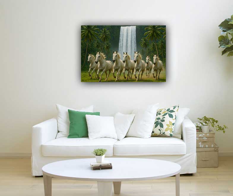 7 Horses with Waterfall Vastu Painting for North Wall Career & Success
