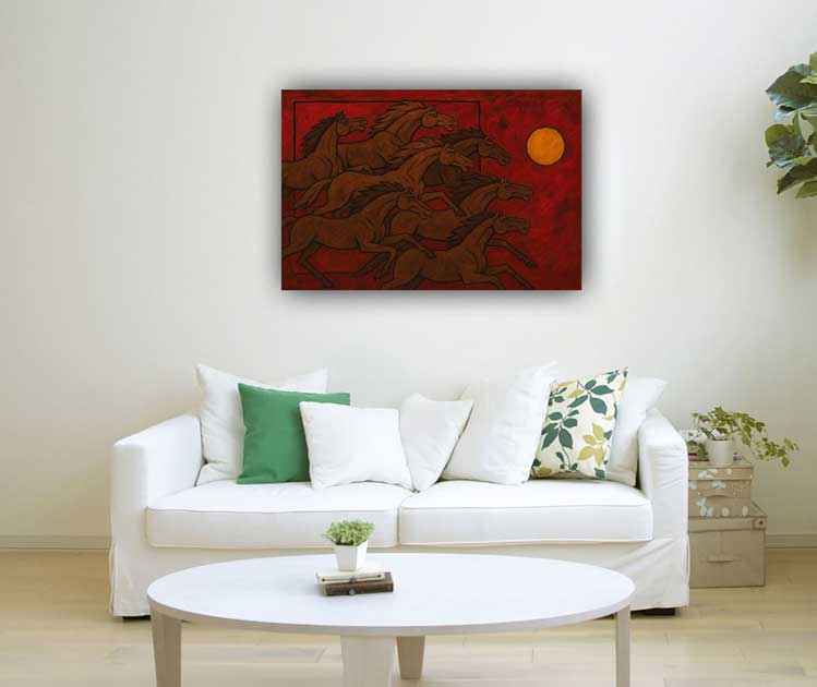 7 Brown Horses Painting with Red Background